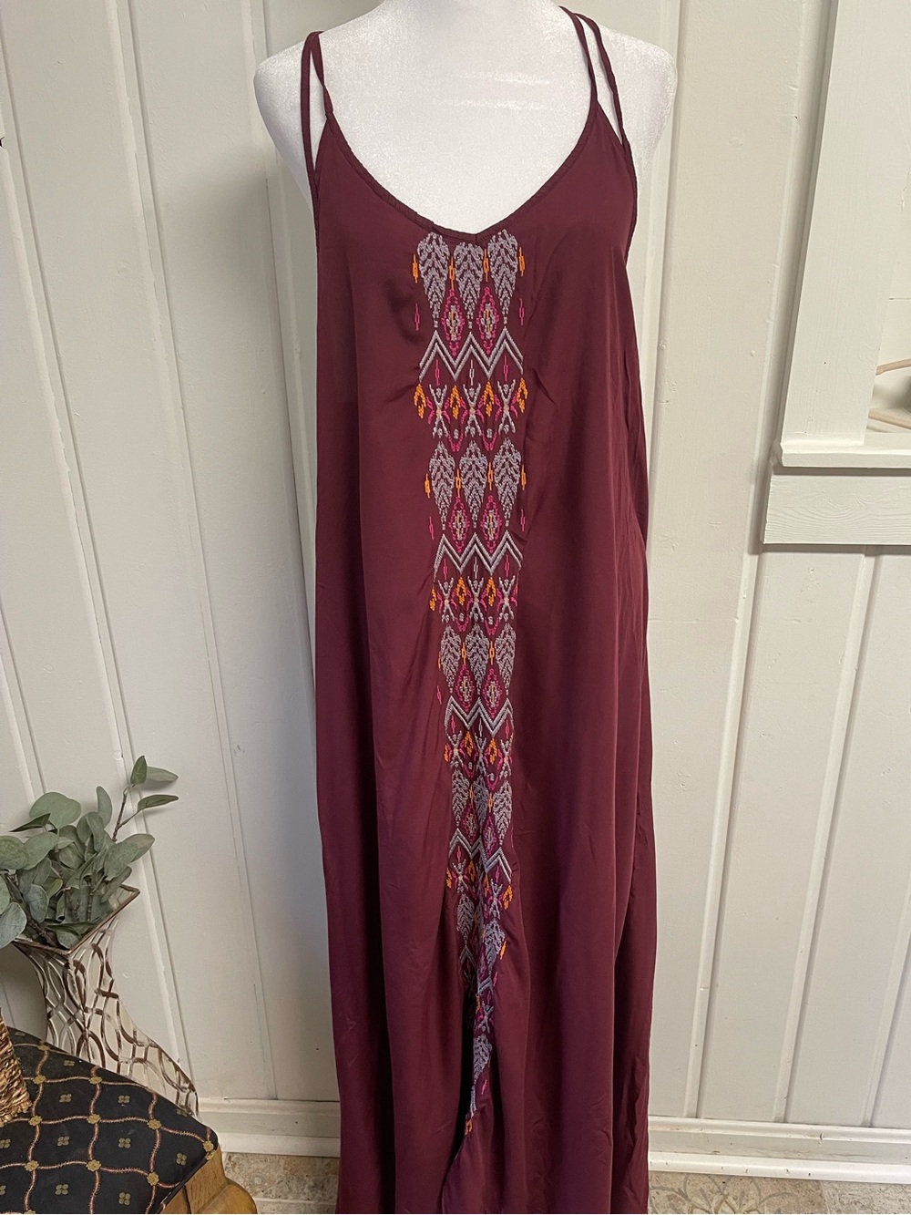 prAna Burgundy Embroidered Maxi Dress Size L Boho 100% Lenzing Modal